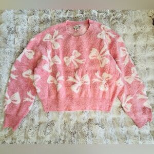 Sincerely Jules Pink and White Bow Sweater Medium